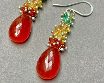 Long Carnelian Layered Earrings with Sapphire, Emerald, Peridot Clusters and Rich Carnelian Briolettes in Sterling Silver