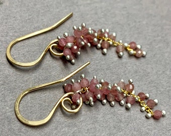 Small Pink Tourmaline Wisteria Earrings in 14k Yellow Goldfilled and Sterling Silver