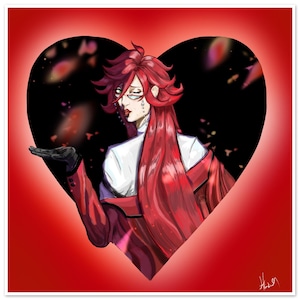 May include: A digital illustration of a character with long, vibrant red hair, wearing white collared clothing and a red jacket, positioned within a black heart shape against a red background. The character has glasses, dark lipstick, and one hand extended.