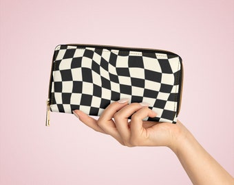 Black & White Checkerboard Wave Retro Pattern Vintage Zipper Wallet