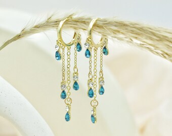 Blauwe Zirkoon Drop Oorbellen - Gouden Dangle Oorbellen - Lange ketting oorbellen - Sierlijke oorbellen - Prom Oorbellen - Fairy Zirkoon Drop Clip On Earring