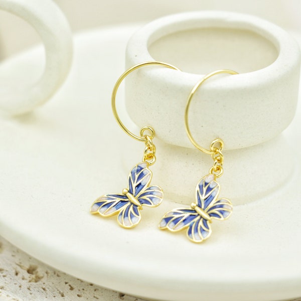 18K Gold Plated Butterfly Earrings - Blue Enamel Earrings - Animal Earrings - Fairy Earrings -Cute Earrings - Wedding Gift - Birthday Gift