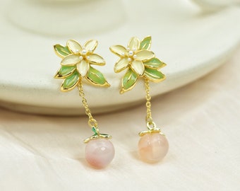 Peach Earrings - Floral Earrings - Pink Chalcedony - Gemstone Stud Earrings - Gold Drop Earrings - Food Earrings -Cute Earrings-Gfit for her