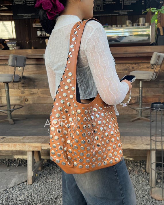 Studded Leather Shoulder Bag Brown Color Large Size - Etsy