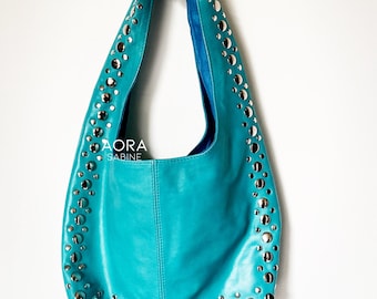 Turquoise Studded Leather Bag Large