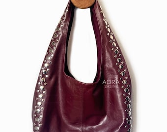 Studded Leather Shoulder Bag - Burgundy