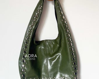 Studded Leather Shoulder Bag, Studs Silver Canggu Viral Bag, Navy