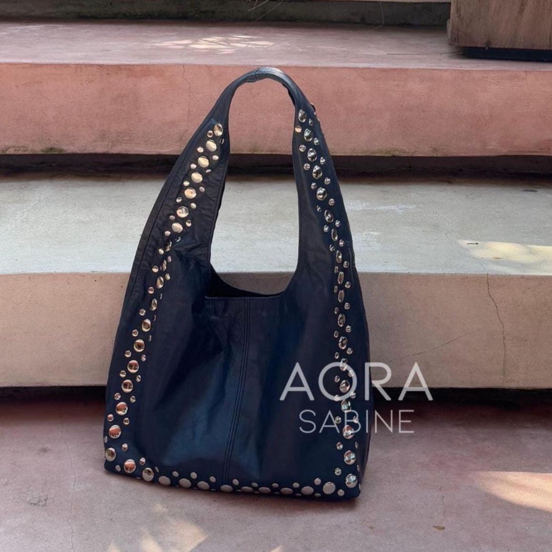 DIANTÉ STUDS ECO LEATHER SHOULDER BAG Studded Leather Shoulder Bag, Studs Silver Canggu Viral Bag, Navy