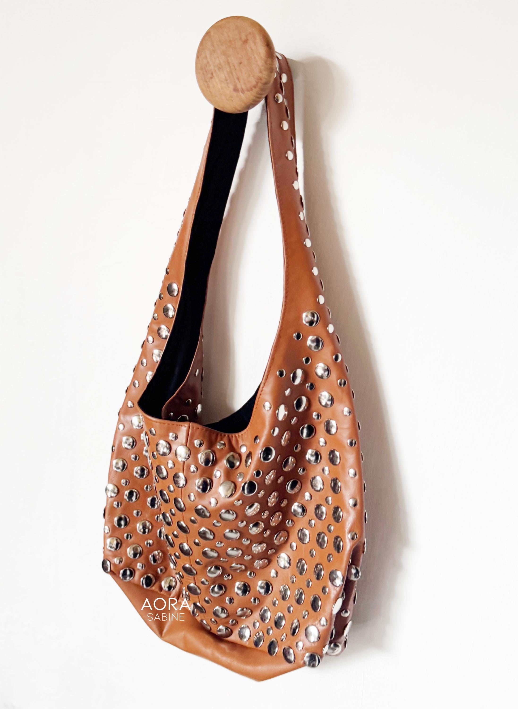 Studded Leather Shoulder Bag Brown Color Large Size - Etsy