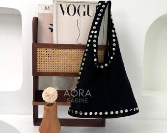 Suede Studded Leather Bag - Black