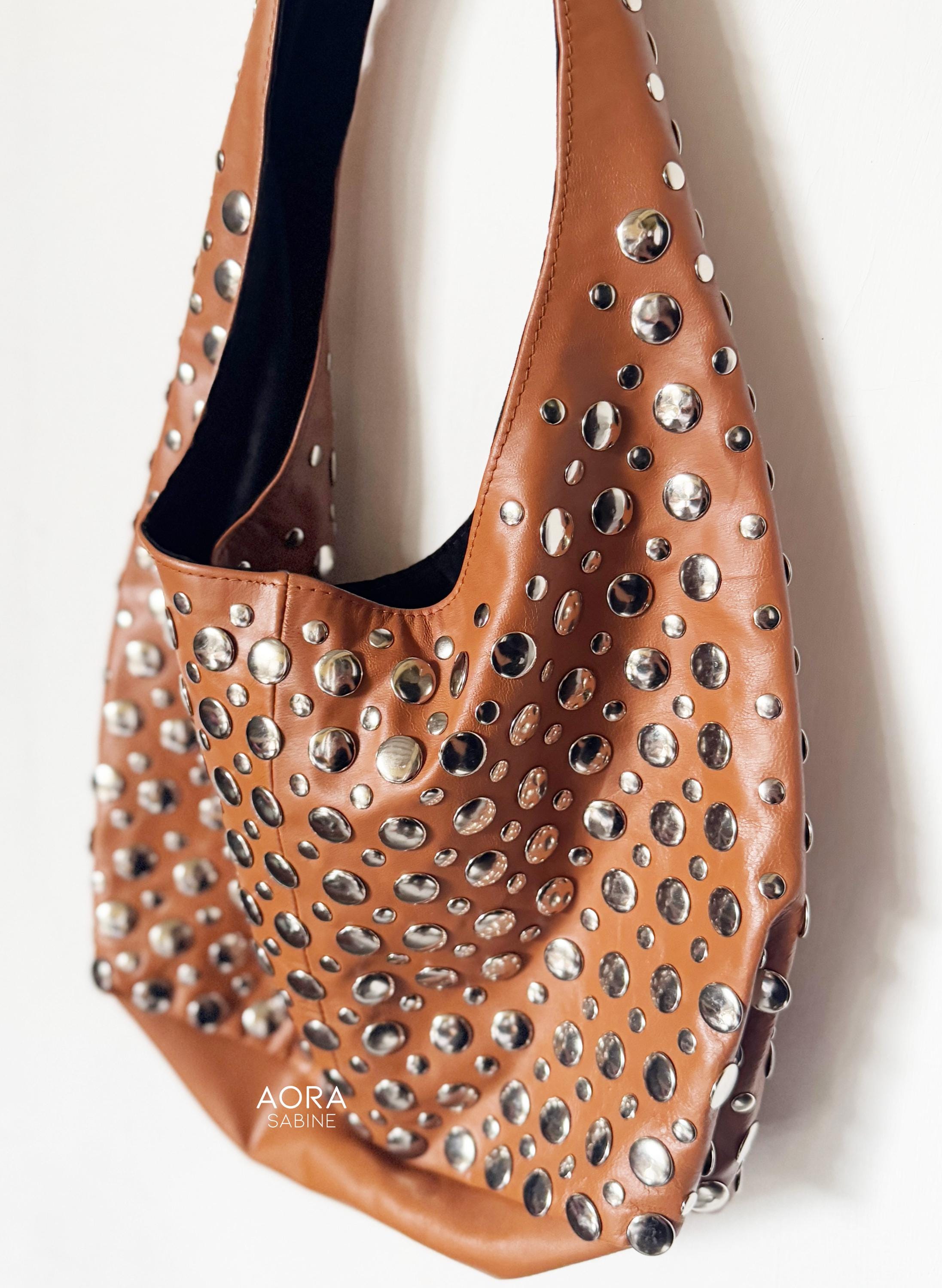 Studded Leather Shoulder Bag Brown Color Large Size - Etsy