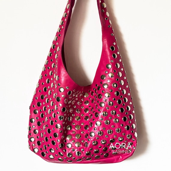 Studded Leather Bag Hot Pink - Large Size - Etsy display picture 1