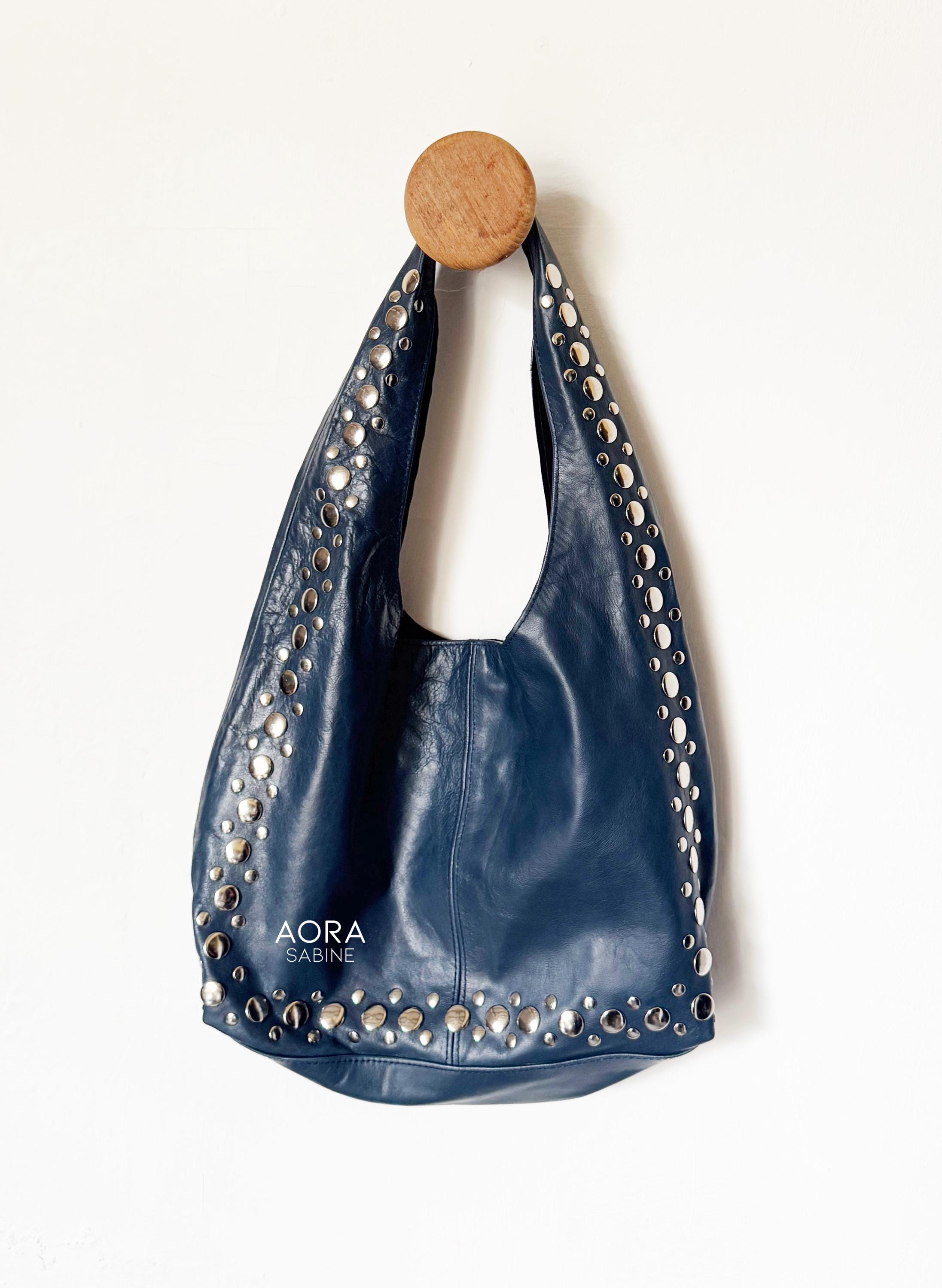 Studded Leather Shoulder Bag, Studs Silver Canggu Viral Bag, Navy