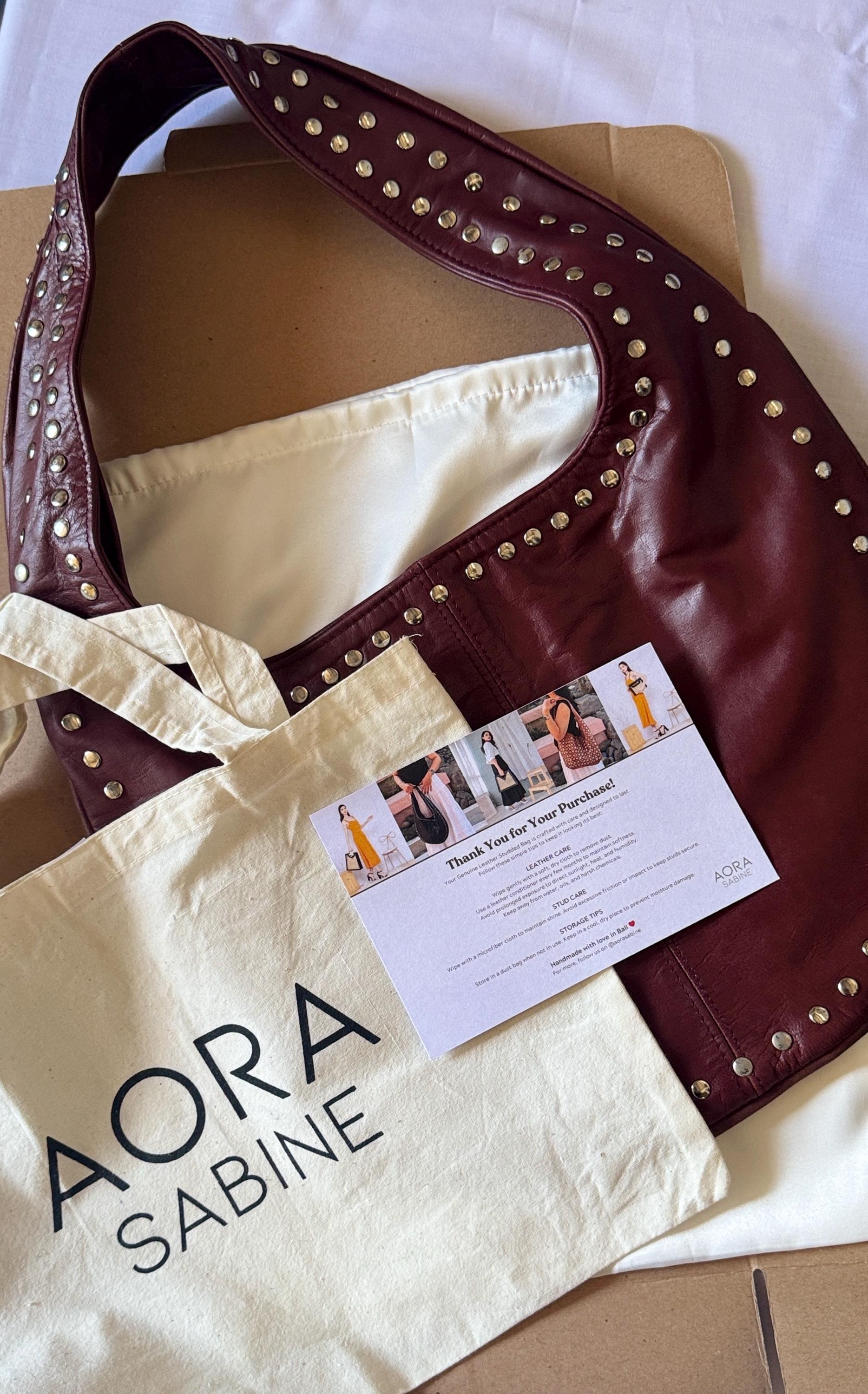 Studded Leather Tote Bag Maroon Color - Etsy Canada display picture 3