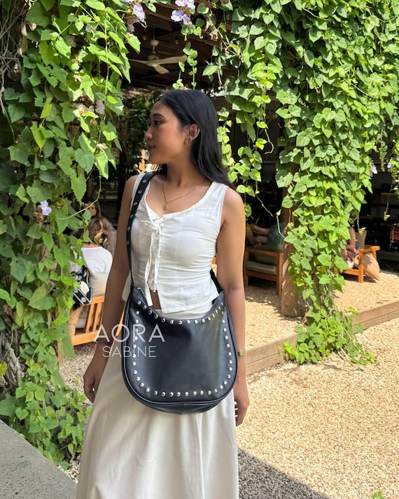 Studded Leather Slouchy Bag: Black Genuine Leather Crossbody, Studded Sling Bag