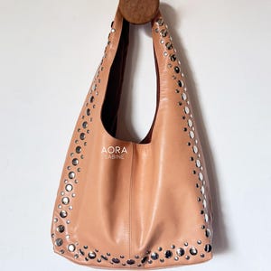 Studded Leather Bag: Cream Pink Genuine Leather Handbag