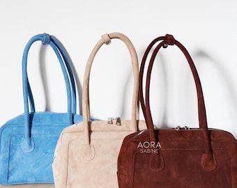 Suede Bowling Bag, Y2K Baguette Shoulder Bag