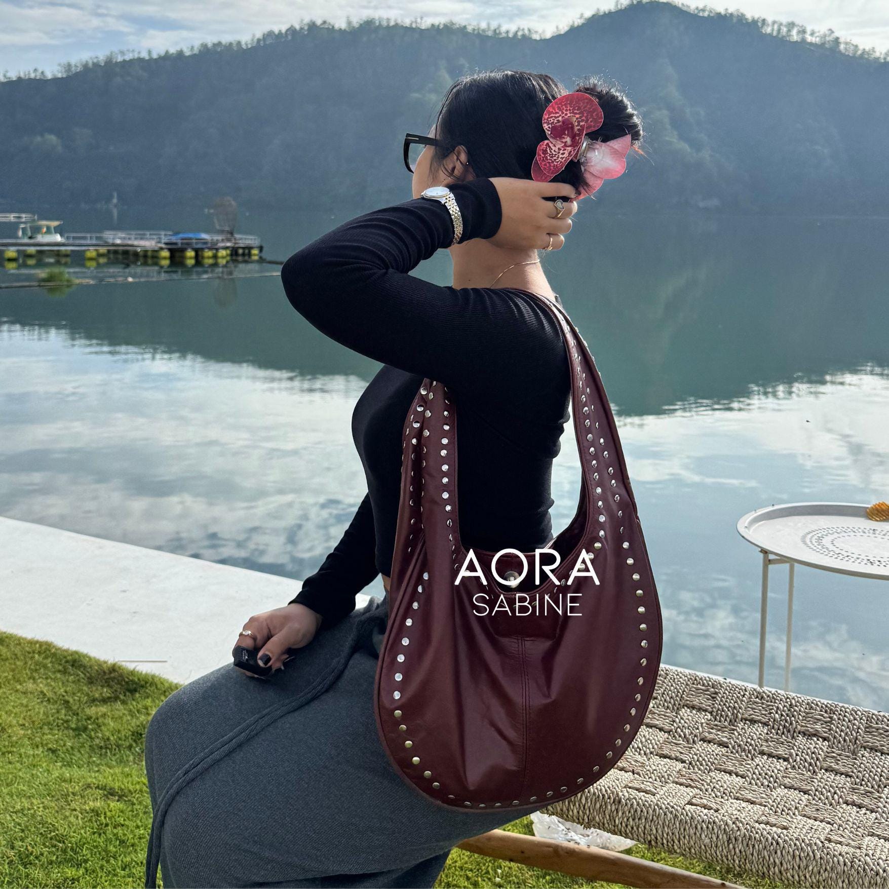 Studded Leather Tote Bag Maroon Color - Etsy Canada display picture 2
