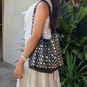 Large Black Studded Leather Shoulder Bag - Soft Genuine Goat Leather