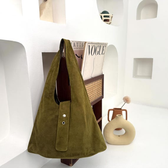 Green Suede Hobo Bag, Minimalist Autumn Style, Studded Leather Bag