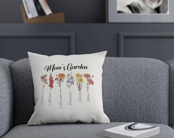 Almohada de jardín personalizada para mamá y abuela / Nombre personalizado Diseño de flores de nacimiento / Funda de almohada de ante sintético / Regalo del Día de la Madre / Barcos de EE. UU.