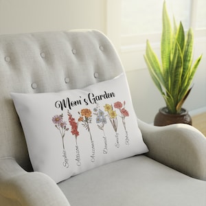 Almohada de jardín personalizada para mamá y abuela / Nombre personalizado Diseño de flores de nacimiento / Funda de almohada de algodón / Regalo del Día de la Madre / Envíos desde la UE imagen 1