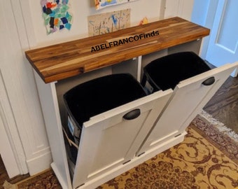 Tilt-out Trash Can Cabinet with Double Trash Bin, Wooden Trash Bin, and Plastic Barrels Included