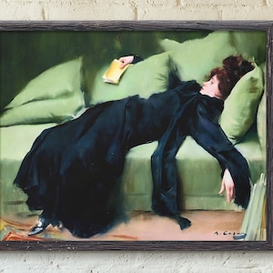 Decadent Young Woman After the Dance | Vintage Woman Wall Art | Decadent Young Woman  | Emerald Green Wall Art | Art Nouveau Oil Painting