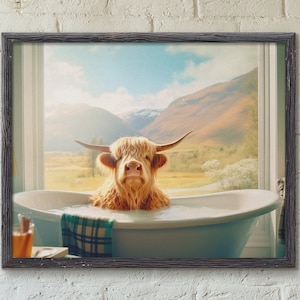 Cute Baby Highland Cow in Bath tub, Funny Animal Wall Art, Bathroom Prints, Scottish Highlands Wall Art, Printable Home Decor, Digital Print