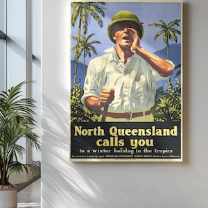 Cartel de viaje vintage de Australia, impresión de viaje vintage de Queensland, cartel de viaje vintage del norte de Queensland, arte de pared retro, descarga digital