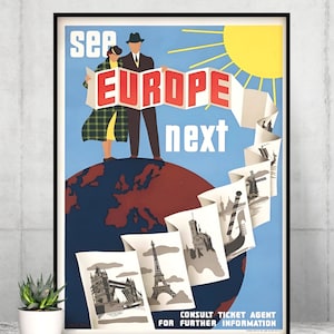 Cartel de viaje vintage, arte de pared de viaje vintage, ver Europa próxima impresión de viaje, cartel de viaje de Europa vintage, arte de pared de viaje vintage