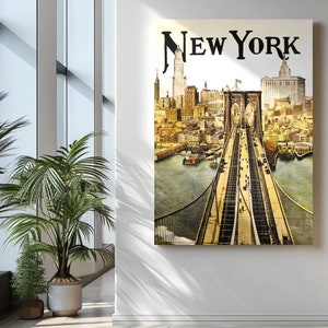 Vintage NEW YORK poster, New York City print, vintage New York Wallart, New York kaart poster, vintage Brooklyn Bridge poster, digitale download
