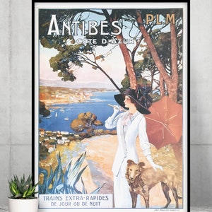 Póster de viaje vintage de la Costa Azul, Póster de viaje vintage de Antibes, Póster de tren vintage, Póster de turismo francés vintage, Póster de viaje francés
