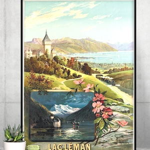Cartel de viaje suizo vintage, cartel vintage del lago Lemán, cartel de turismo suizo vintage, cartel de viaje suizo vintage, cartel vintage de Lac Leman