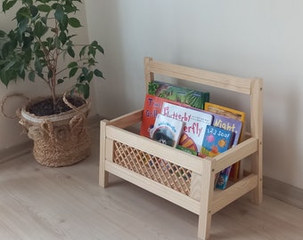 Kids bookshelf, Book storage,  Rattan bookshelf, Book Organizer for kids Room, Solid pine bookshelf, Montessori Bookshelf, Wooden bookcase