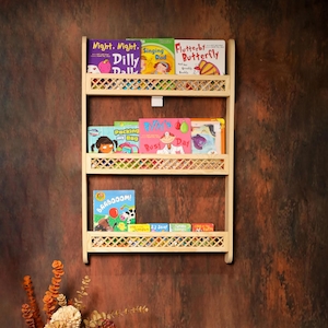 Wall hanging bookshelf, Bookshelf for nursery, Minimalist child shelf, Tall Montessori wooden rattan shelf, Behind the door wall bookshelf,