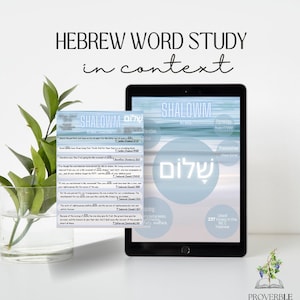 Puede incluir: Una tableta digital que muestra una guía de estudio de palabras hebreas para la palabra "Shalom". La palabra está escrita en escritura hebrea y la definición se da como "integridad, justicia, seguridad, bienestar". La palabra se usa 237 veces en la Biblia hebrea.