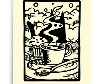 Coffee with Muffin and Cat : Woodcut Style Print