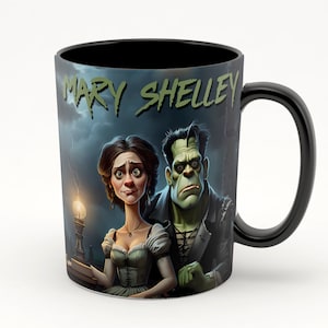 Mary Shelley art, Caricatura Shelley, Frankenstein plantilla camisa, Mary Shelley decor, Shelley literatura, Frankenstein decor, Taza horror