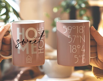 Custom Coordinates Home Sweet Home Mug as Realtor Closing Homeowner or Housewarming Gift, Personalized Minimalistic Design Coffee Mug
