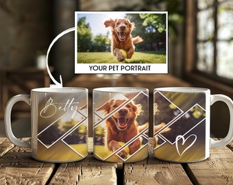 May include: Three white ceramic mugs with a geometric design featuring a dog's face and a heart. The mugs are on a wooden surface. The mug on the left has the name "Betty" written on it.