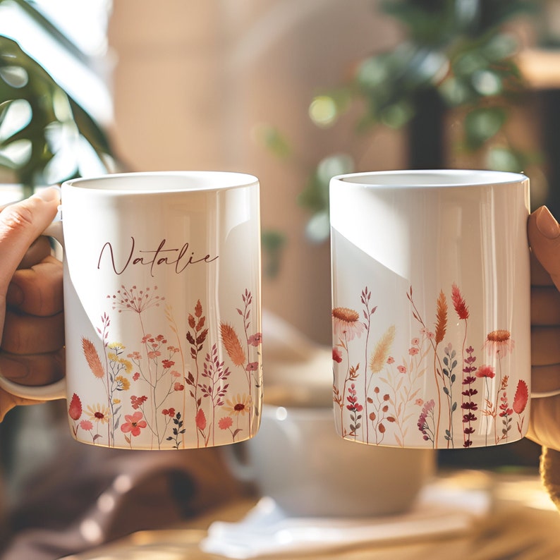 Personalisierte Tasse mit Name und Spruch Boho Wildblumen, Individuelle Tasse als Geschenk für Beste Freundin Kollegin Mama Tochter Geschenk
