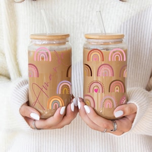 Personalized Boho Rainbow Iced Glass Teacher Tumbler, Custom Iced Coffee Cup Gift for Teacher Appreciation, Lovely Tumbler, Student Gift