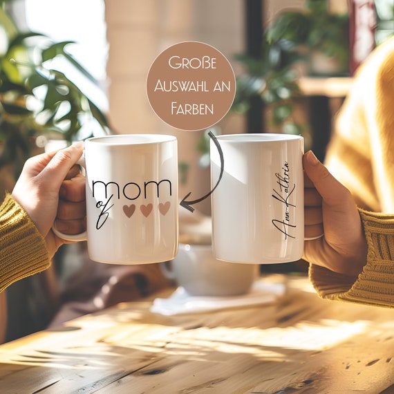 Personalisierte Drillingsmama Tasse Mom of 3 mit Namen, Geschenk für Mama von drei Kindern,Geschenk Baby Shower drittes Kind,Mama von Dreien
