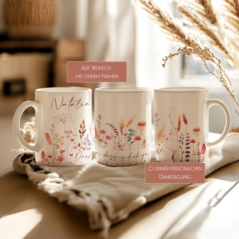 Personalisierte Tasse mit Name und Spruch Boho Wildblumen, Individuelle Tasse als Geschenk für Beste Freundin Kollegin Mama Tochter Geschenk