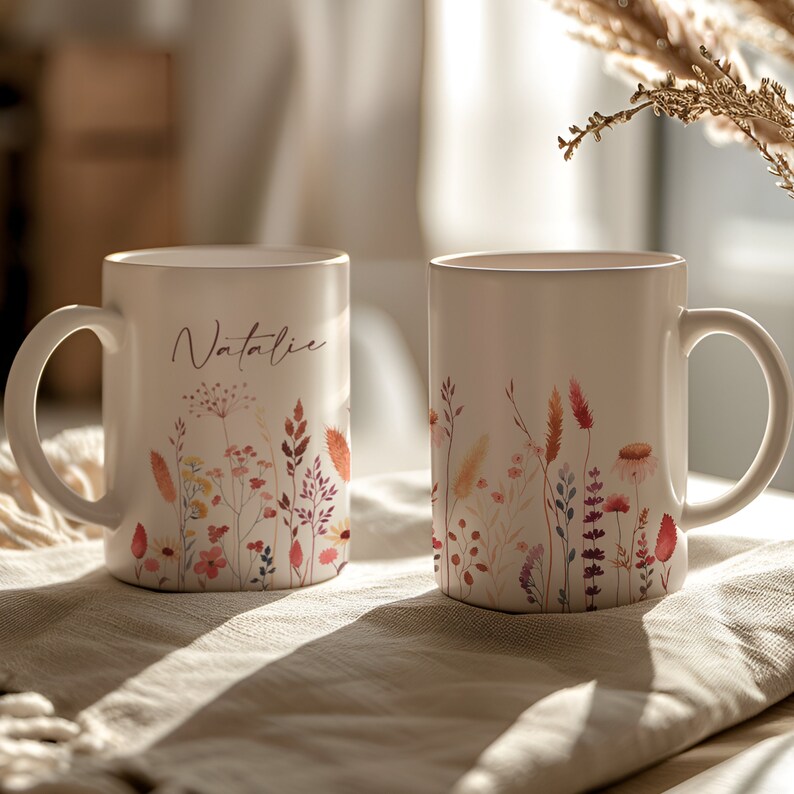 Personalisierte Tasse mit Name und Spruch Boho Wildblumen, Individuelle Tasse als Geschenk für Beste Freundin Kollegin Mama Tochter Geschenk