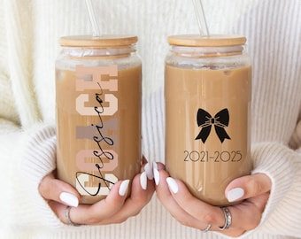 Personalized Cheer Coach Glass Tumbler as Custom Cheerleading Team Gift, Custom Iced Coffee Cup, Highschool Gift with name, Christmas Gift
