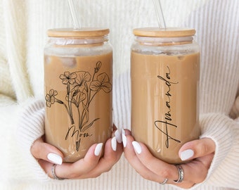 Personalized Mom Glass Tumbler Birth Month Flower, Custom Iced Coffee Cup Gift for Mothers Day or Baby Shower for New Mom To Be, Plant Lover
