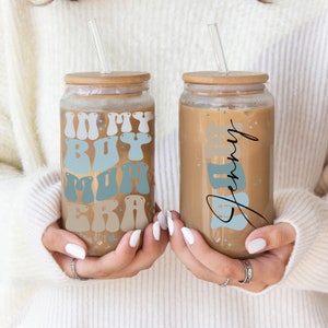 Personalized In My Boy Mom Era Iced Glass Tumbler, Custom Coffee Cup for Mom as a Baby Shower Gift for New Moms,Ideal Sister Gift with Name