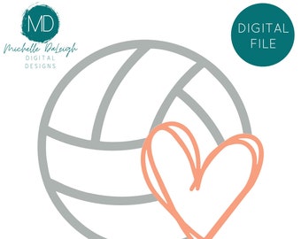 Peut inclure: Un design numérique représentant un ballon de volley-ball avec un cœur pêche superposé. Le design comprend le texte "DIGITAL FILE" dans un cercle turquoise et les options de type de fichier : SVG, PNG et JPG. Le nom du designer est également inclus.